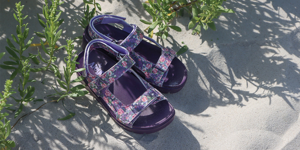 Henlee purple Garden Chic three point adjustable sandals on a heritage outsole and a molded footbed. HLE-7436