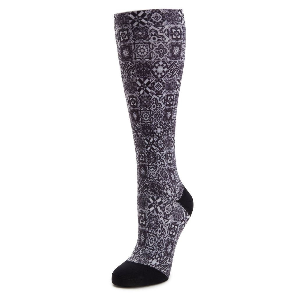 Alegria Compression Aztec Tile Black Socks with graduated compression zones. ALG-92607_S1