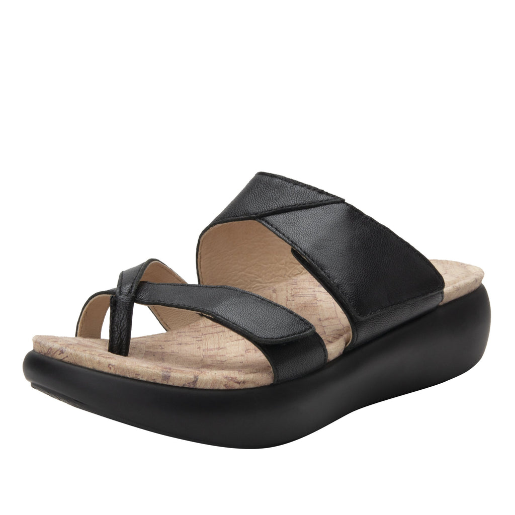 Beatrix Black slip on two strap sandal with flip-flop prong toe post and non-flexing sleek rocker bottom with built in arch support  - BEA-601_S1