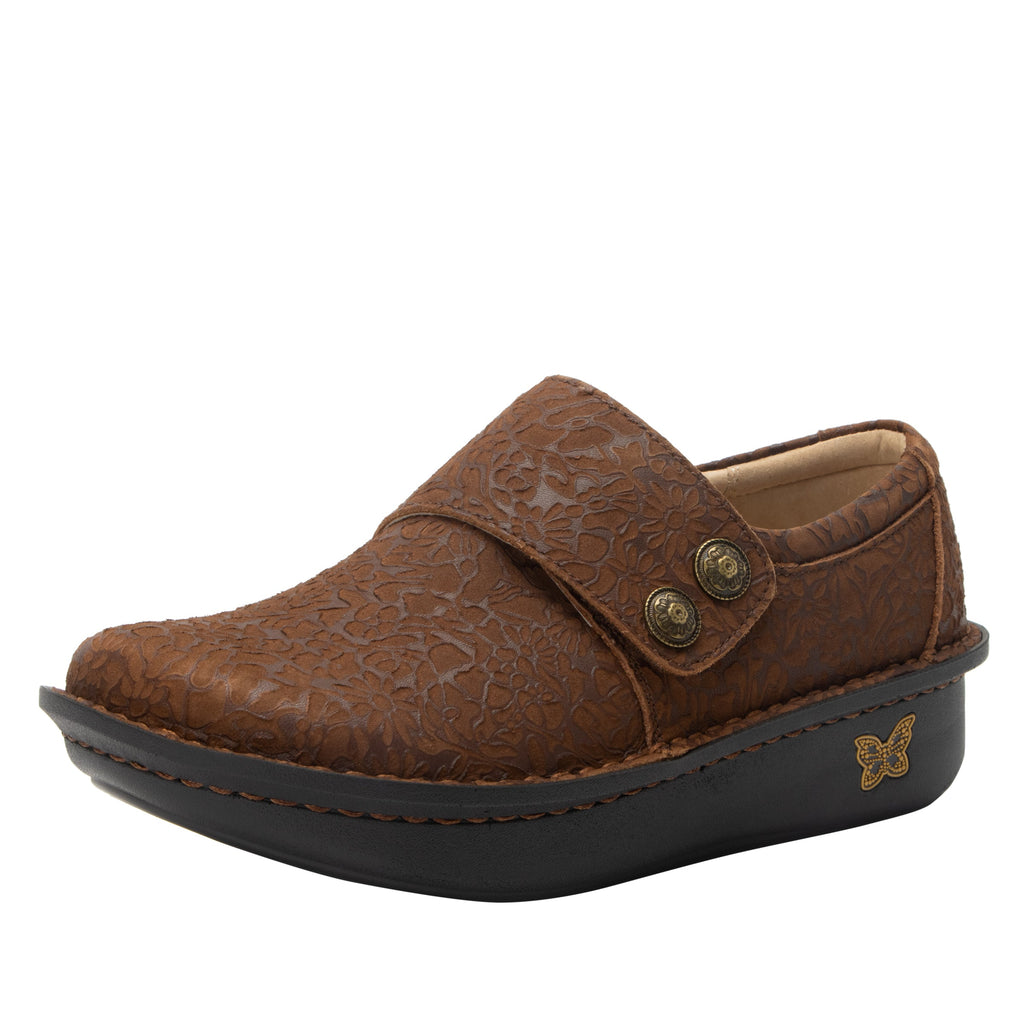Deliah Delicut Tawny shoe with an adjustable closure strap on a classic rocker outsole  - ALG-DEL-7608_S1