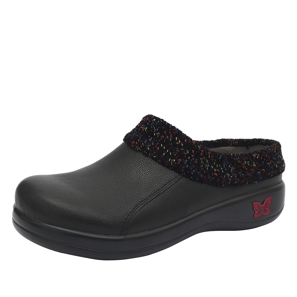Kyah Black clog on career casual outsole, warm linings and knitted contrast collar for additional warmth - KYA-7630-S1