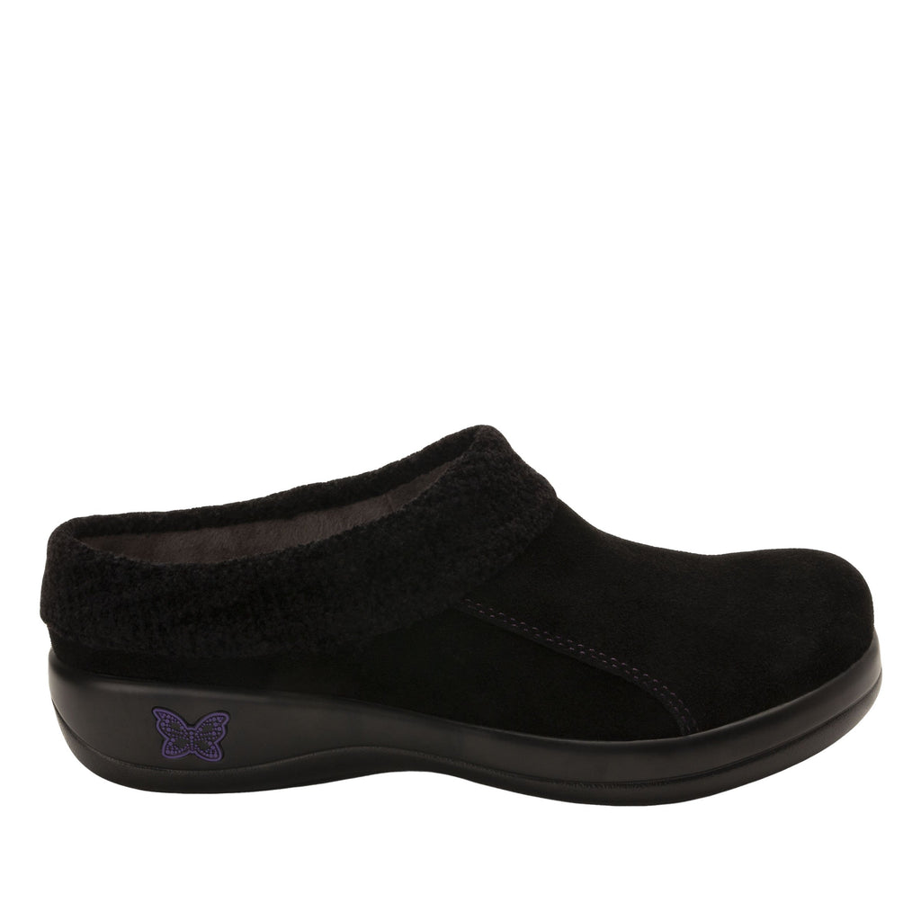 Kyah Black Suede clog on career casual outsole, warm linings and knitted contrast collar for additional warmth - KYA-7632-S3