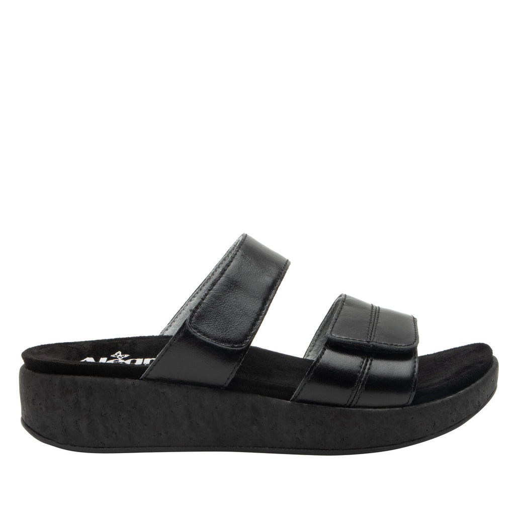 Mena Black sandal with adjustable closures on a mini cork wedge rocker outsole- MEN-7441_S2