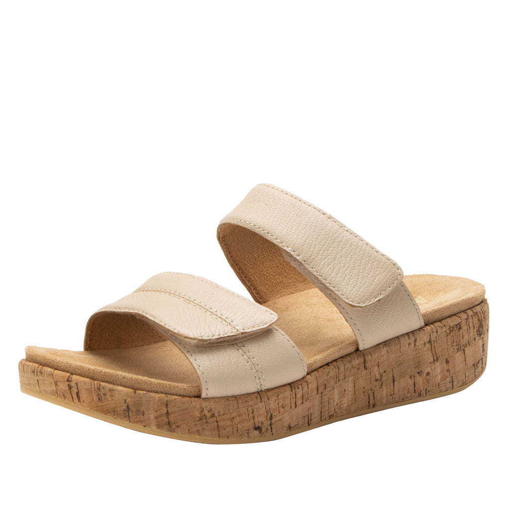 Mena Ivory Mist sandal with adjustable closures on a mini cork wedge rocker outsole- MEN-7442_S1
