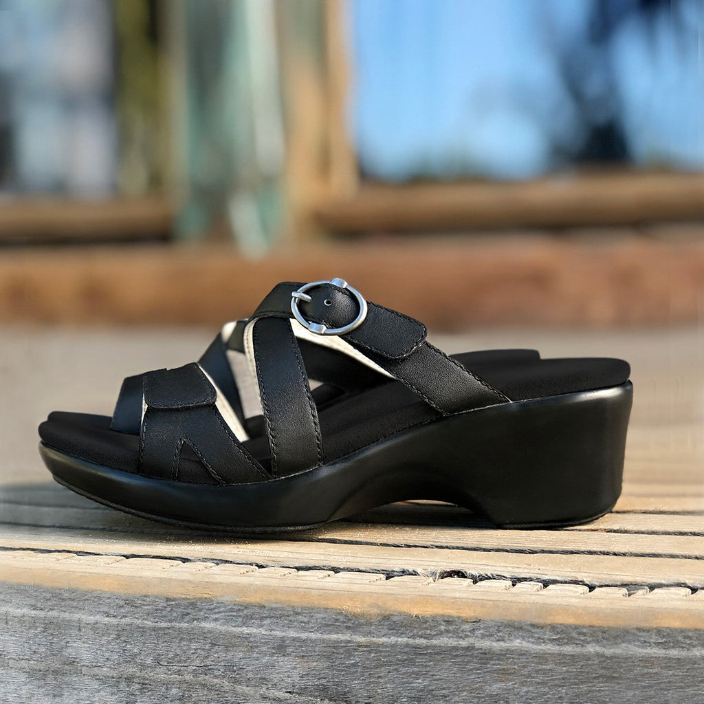 Roux Black strappy slip on sandal on comfort wedge outsole - ALG-ROU-601_S2