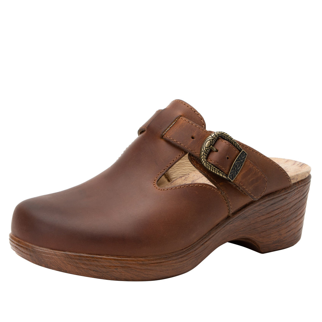 Selina Burnish Tawny buckle clog on a wood look wedge outsole - SEL-7403_S1