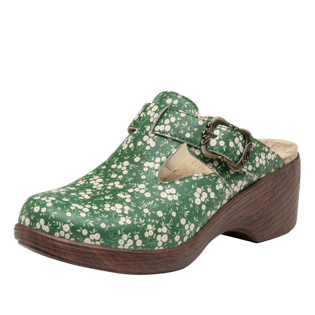 Selina Green Acres buckle clog on a wood look wedge outsole - SEL-7531_S1