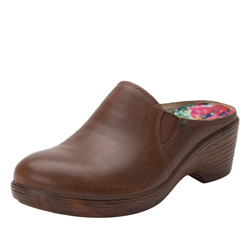 Serenity Aged Cognac clog on a wood look wedge outsole - SER-7739_S1