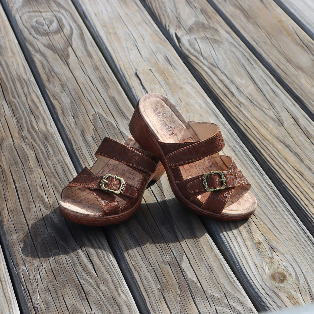 Sierra Delicut Tawny two-strap adjustable hook and loop sandal on a wood look wedge outsole - SIE-7608_S1X