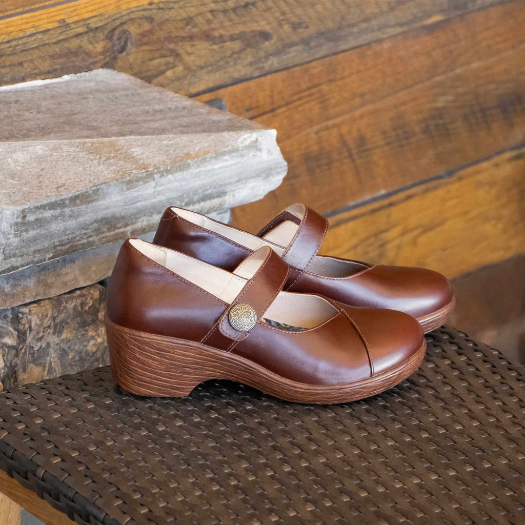 Sofi Mahogany mary jane style shoe with adjustable hook and loop closure on a wood look wedge outsole - SOF-8157_S2