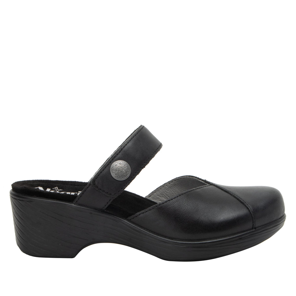 Sydni Coal clog with adjustable hook and loop closure on a wood look wedge outsole- SYD-7406_S3