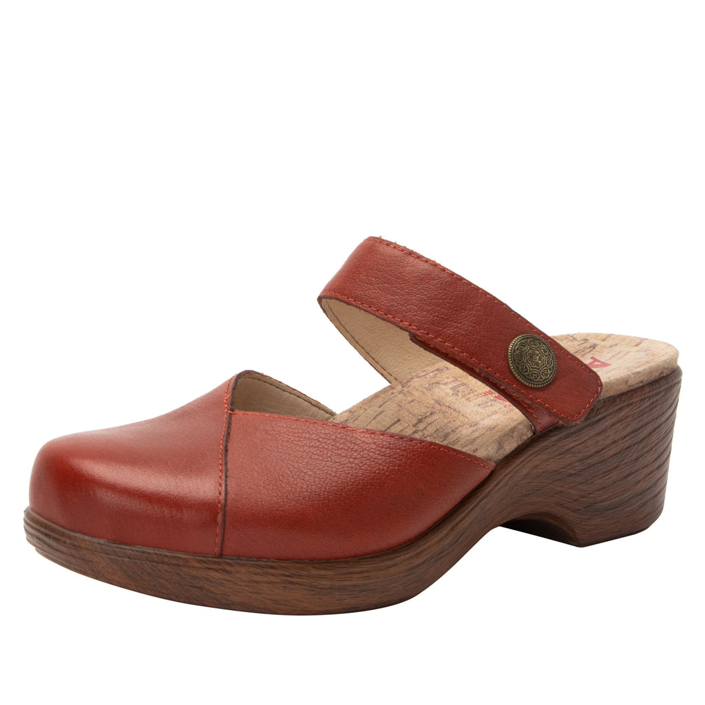 Sydni Rust clog with adjustable hook and loop closure on a wood look wedge outsole - SYD-7444_S1