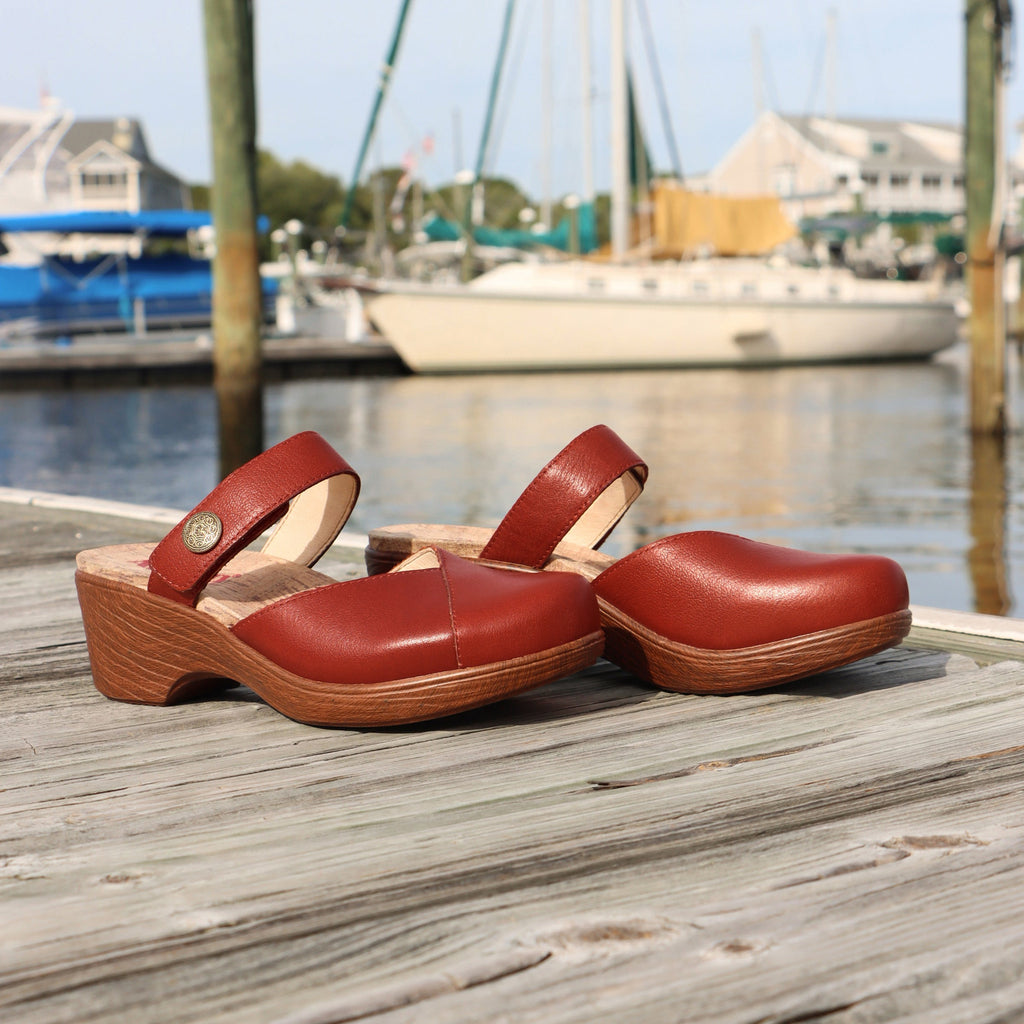 Sydni Rust clog with adjustable hook and loop closure on a wood look wedge outsole - SYD-7444_S2