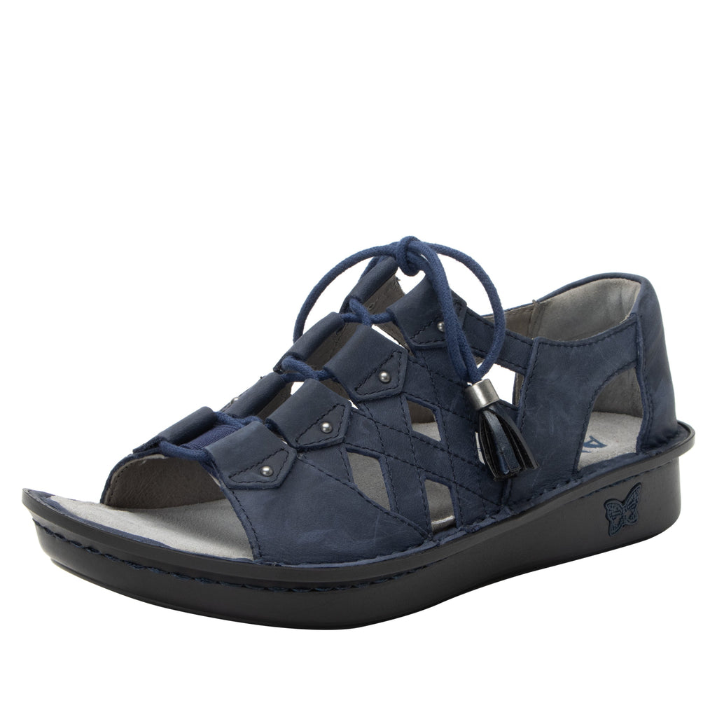 Valerie Oiled Navy Sandal with adjustable laceup on mini outsole - VAL-7425_S1