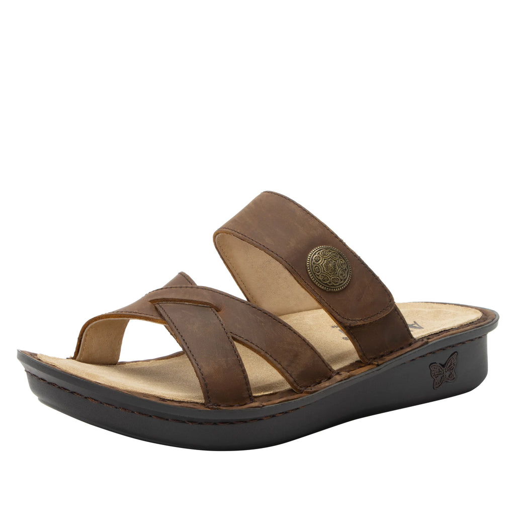 Victoriah Oiled Brown with crisscross detail and adjustable strap slide on sandal on mini outsole - VIC-7412_S1