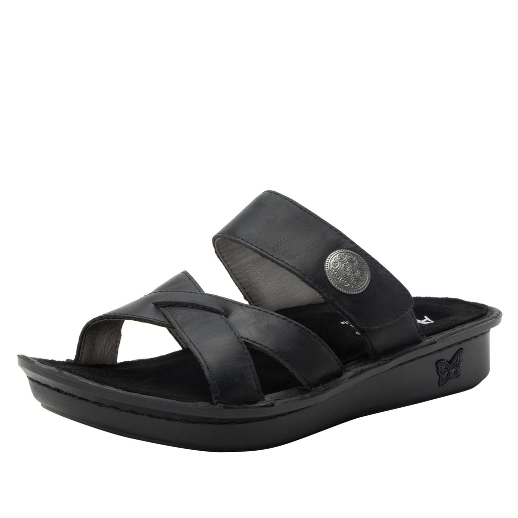 Victoriah Oiled Black with crisscross detail and adjustable strap slide on sandal on mini outsole - VIC-7414_S1