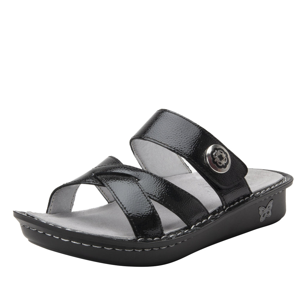 Victoriah Black Patent with crisscross detail and adjustable strap slide on sandal on mini outsole - VIC-7755_S1