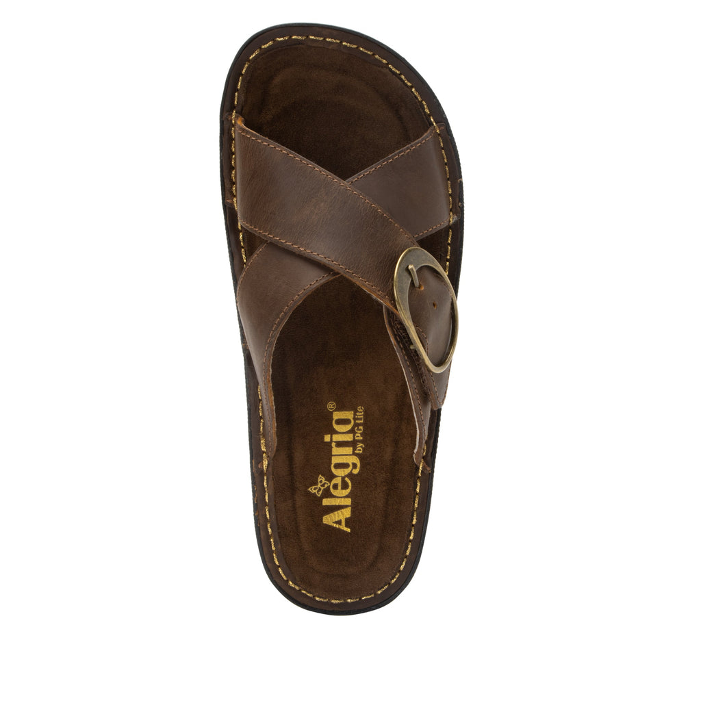 Vanya Oiled Brown slide sandal with cross straps and buckle on a mini outsole - VYA-7412_S5