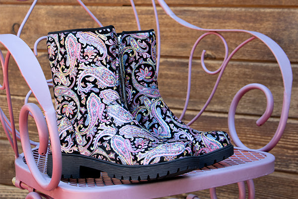 Chalet Groovy Baby in a pink paisley printed design mid calf boot on lug luxe outsole. CHL-7612