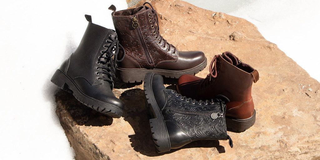 Stand securely on a slip-resistant water-resistant lace-up boot on a luxe lug outsole. Featured in various colorways- Chestnut(brown) ARI-8100, Raven(black) ARI-8106, Espresso Gale(dark brown embossed) ARI-8113, and Night N Gale(black embossed) ARI-8101
