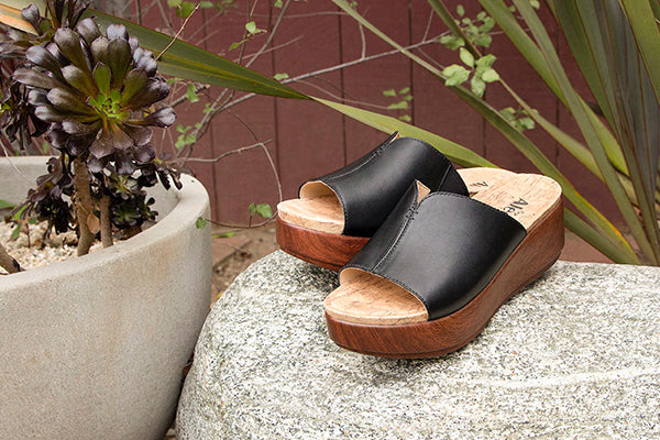 Triniti Black Butter Sandal on a lightweight comfort platform outsole with leather uppers. TRI-641