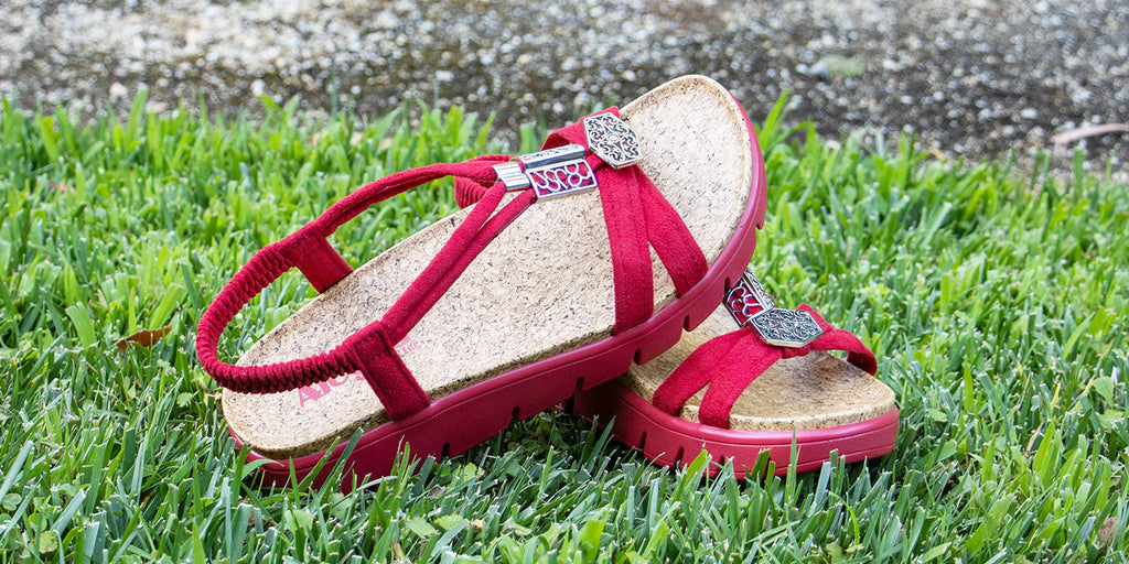 Roz True Red sandal on heritage outsole with braided textile upper.