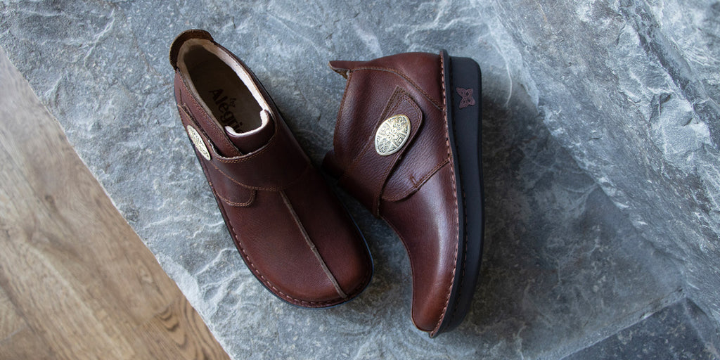 Caiti Chestnut Bootie on mini outsole with patented footbed design for all-day comfort