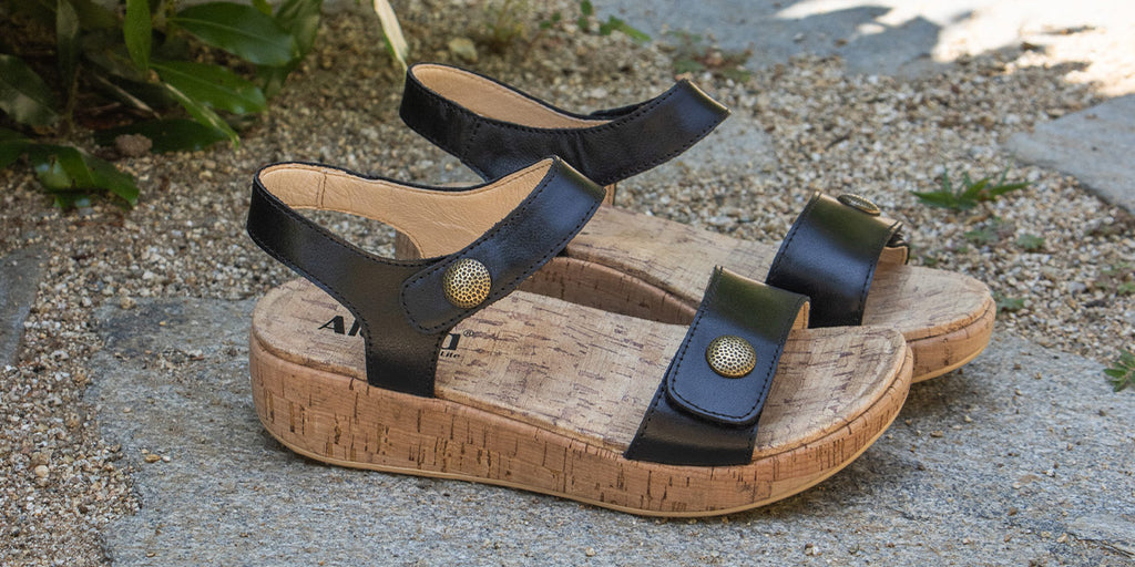 Marta Ink Sandal on cork wedge rocker outsole with adjustable hook and loop straps.