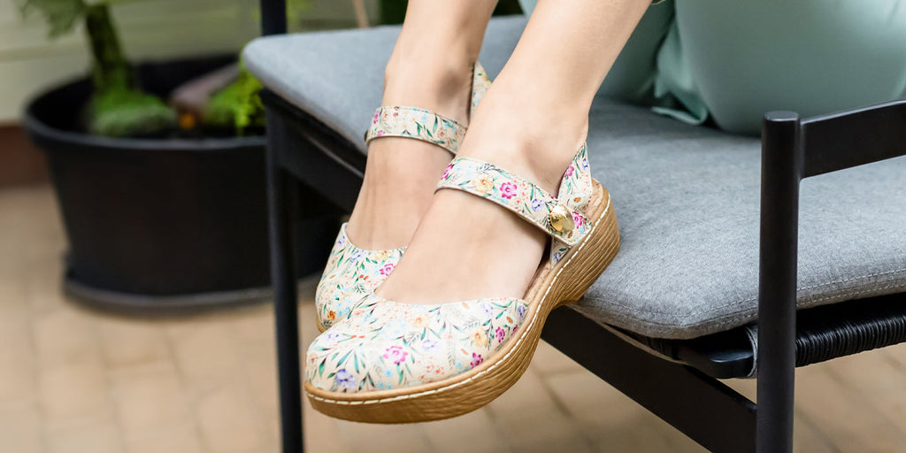 Opal Summer Thyme mary jane shoe on wood look rocker outsole.