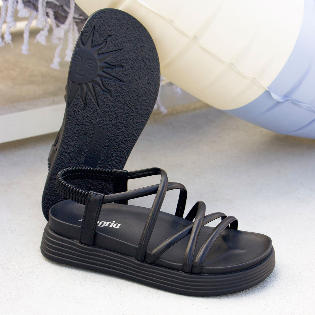 Audie Caviar sandal on an Elevated sport outsole | Black strappy sandal.