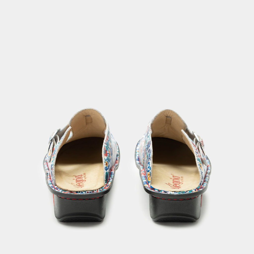 Classic Primary Party open back clog on a classic rocker outsole | Clog with multi color flowers on  a leather upper.