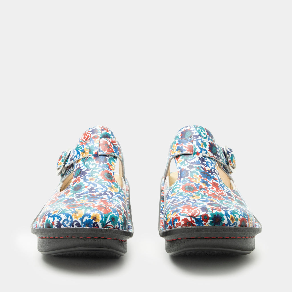 Classic Primary Party open back clog on a classic rocker outsole | Clog with multi color flowers on  a leather upper.