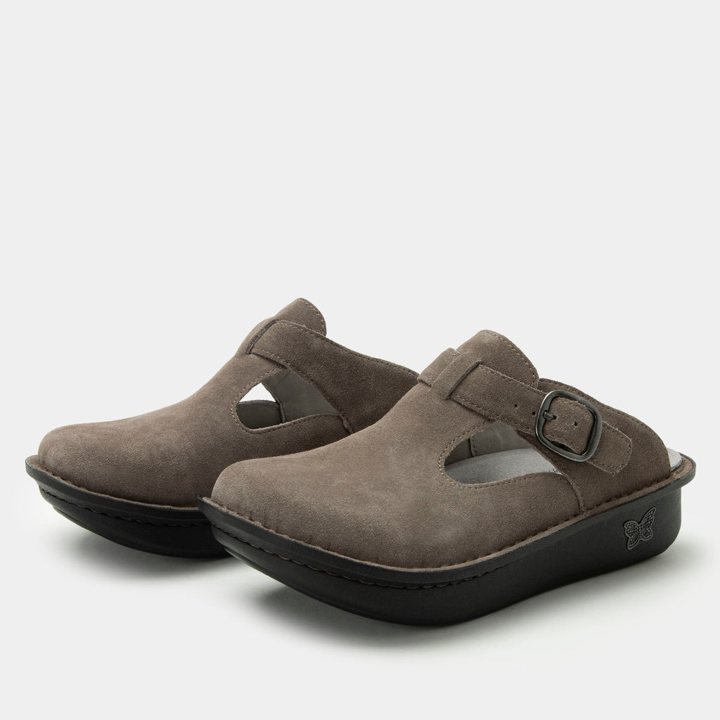 Classic Taupe Suede open back clog on a classic rocker outsole | Clog with a Taupe nubuck leather upper.