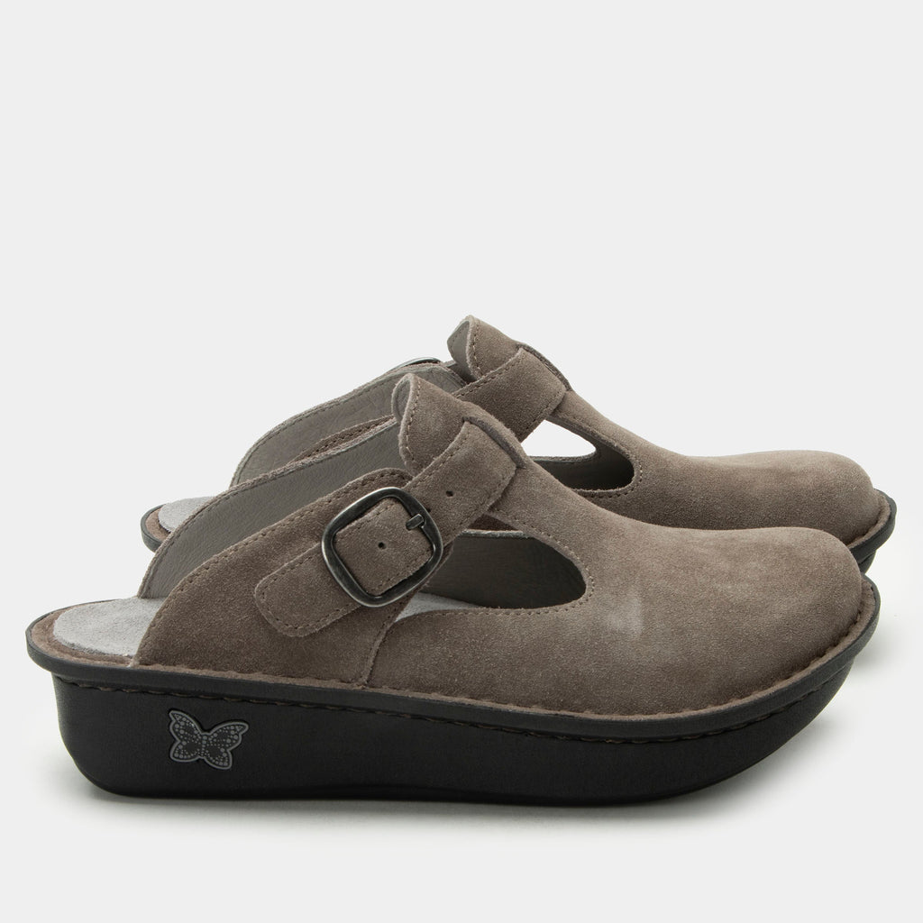 Classic Taupe Suede open back clog on a classic rocker outsole | Clog with a Taupe nubuck leather upper.