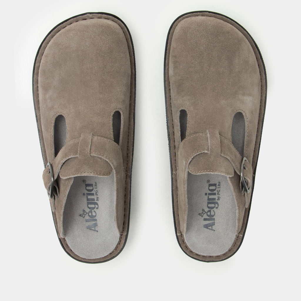 Classic Taupe Suede open back clog on a classic rocker outsole | Clog with a Taupe nubuck leather upper.