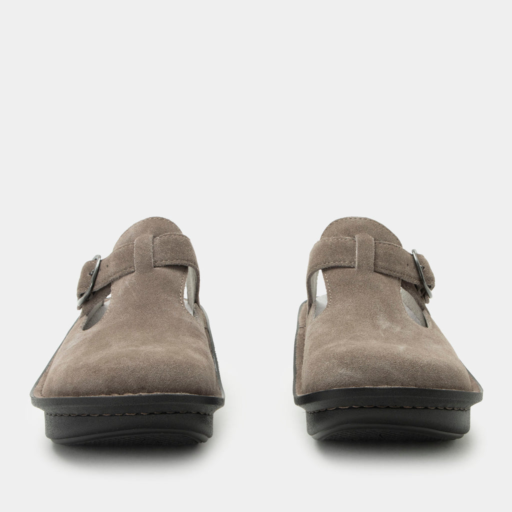 Classic Taupe Suede open back clog on a classic rocker outsole | Clog with a Taupe nubuck leather upper.