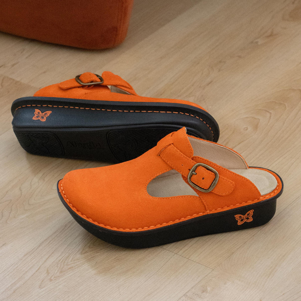 Classic Orange You Glad Suede open back clog on a classic rocker outsole | Clog with a Orange nubuck leather upper.