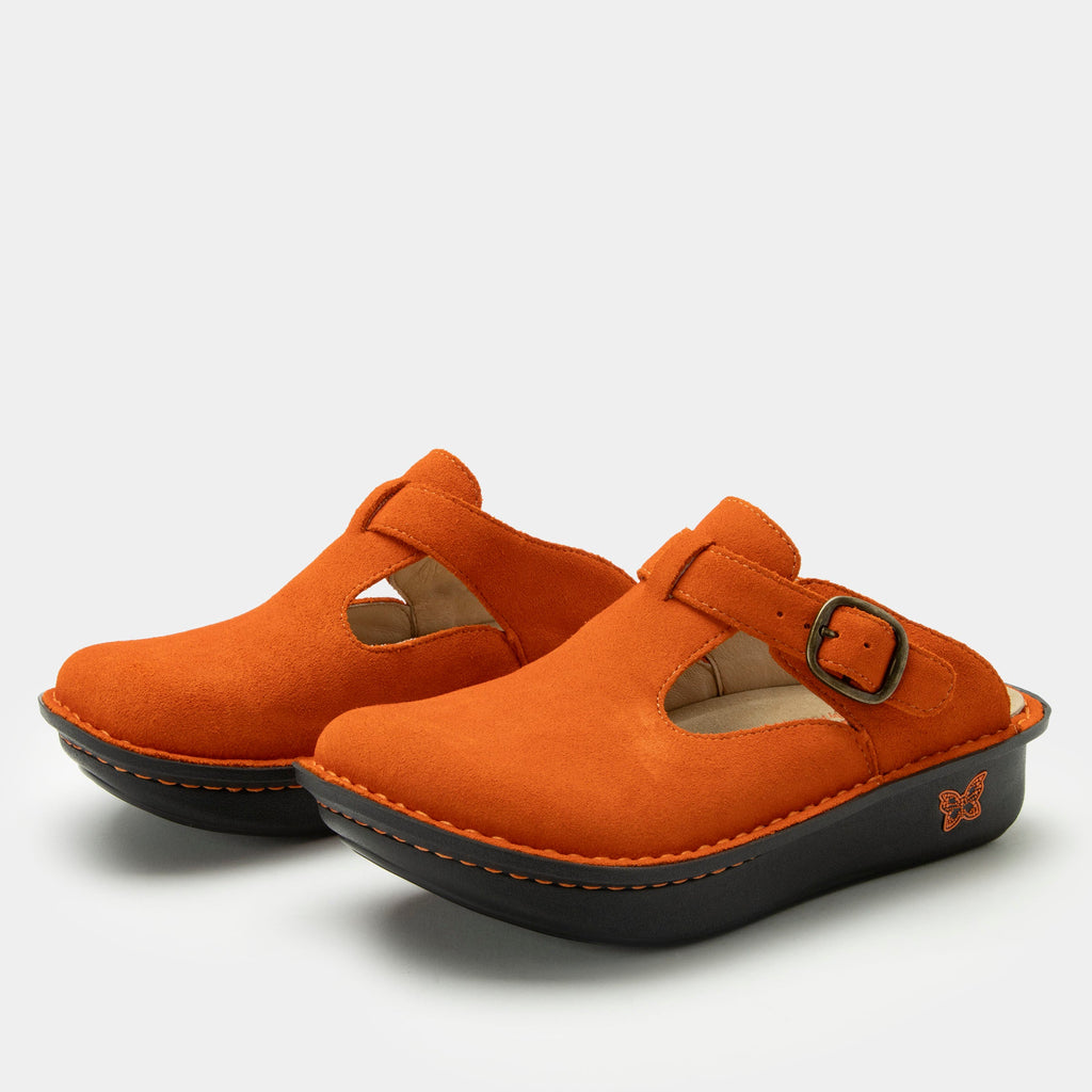 Classic Orange You Glad Suede open back clog on a classic rocker outsole | Clog with a Orange nubuck leather upper.