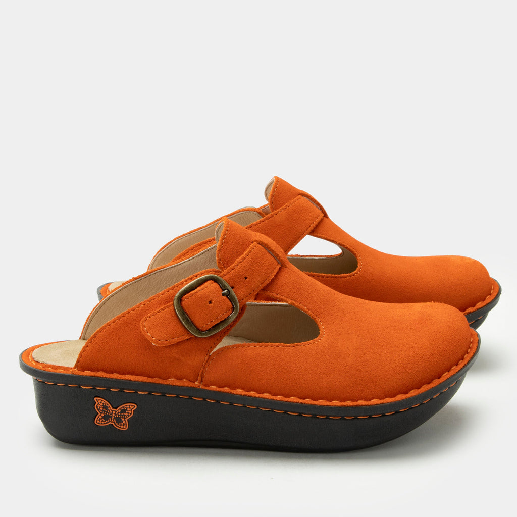 Classic Orange You Glad Suede open back clog on a classic rocker outsole | Clog with a Orange nubuck leather upper.