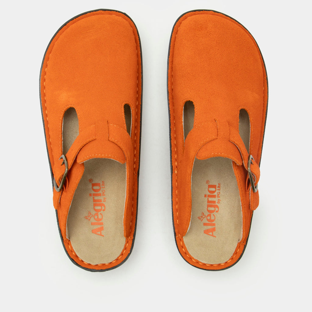 Classic Orange You Glad Suede open back clog on a classic rocker outsole | Clog with a Orange nubuck leather upper.