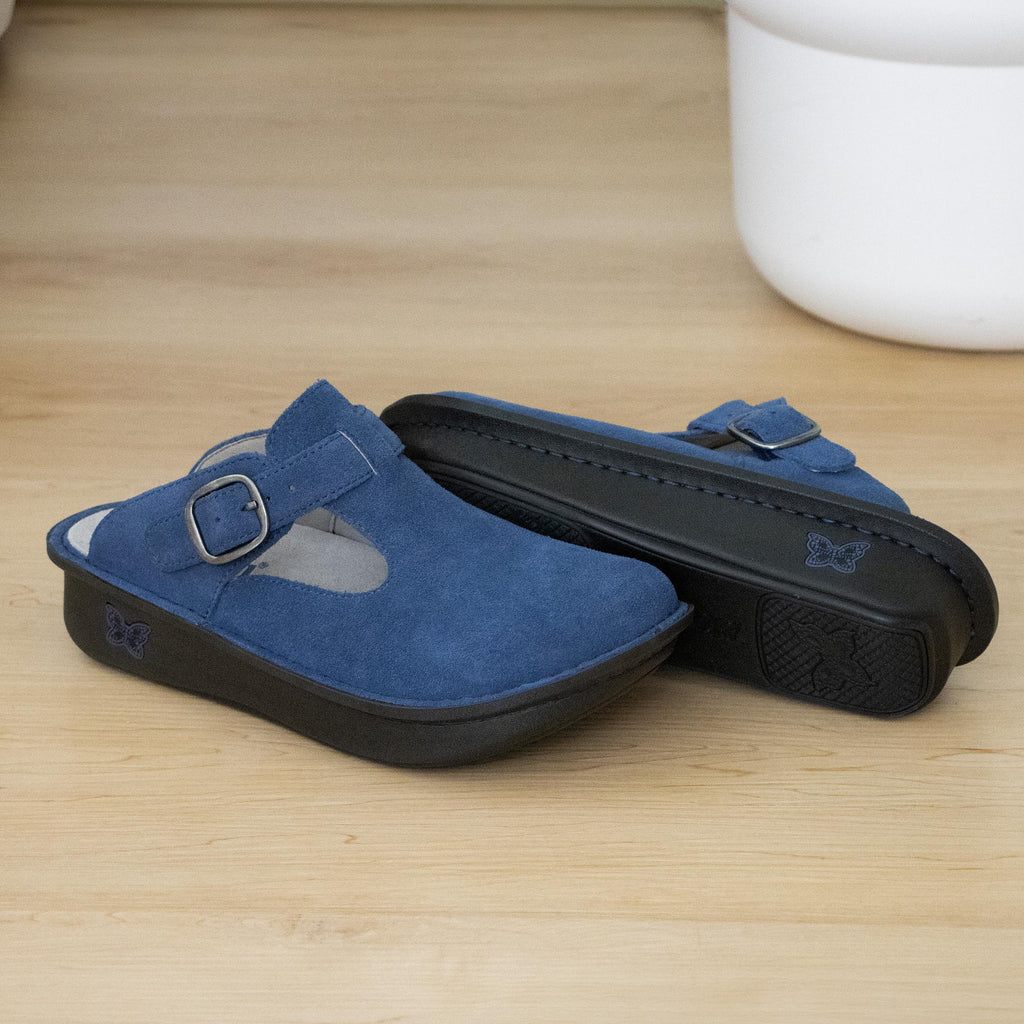 Classic Oceanic Suede open back clog on a classic rocker outsole | Clog with a Navy nubuck leather upper.