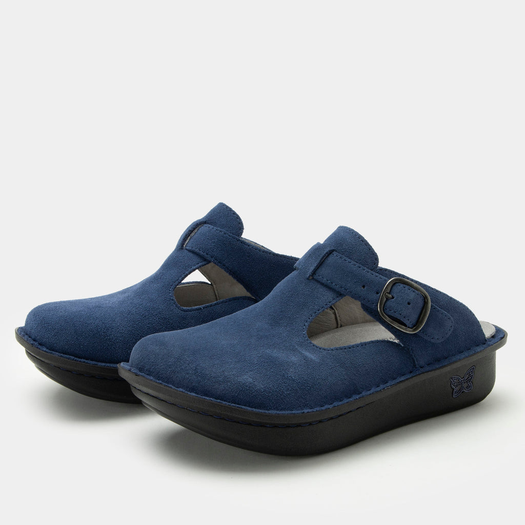 Classic Oceanic Suede open back clog on a classic rocker outsole | Clog with a Navy nubuck leather upper.