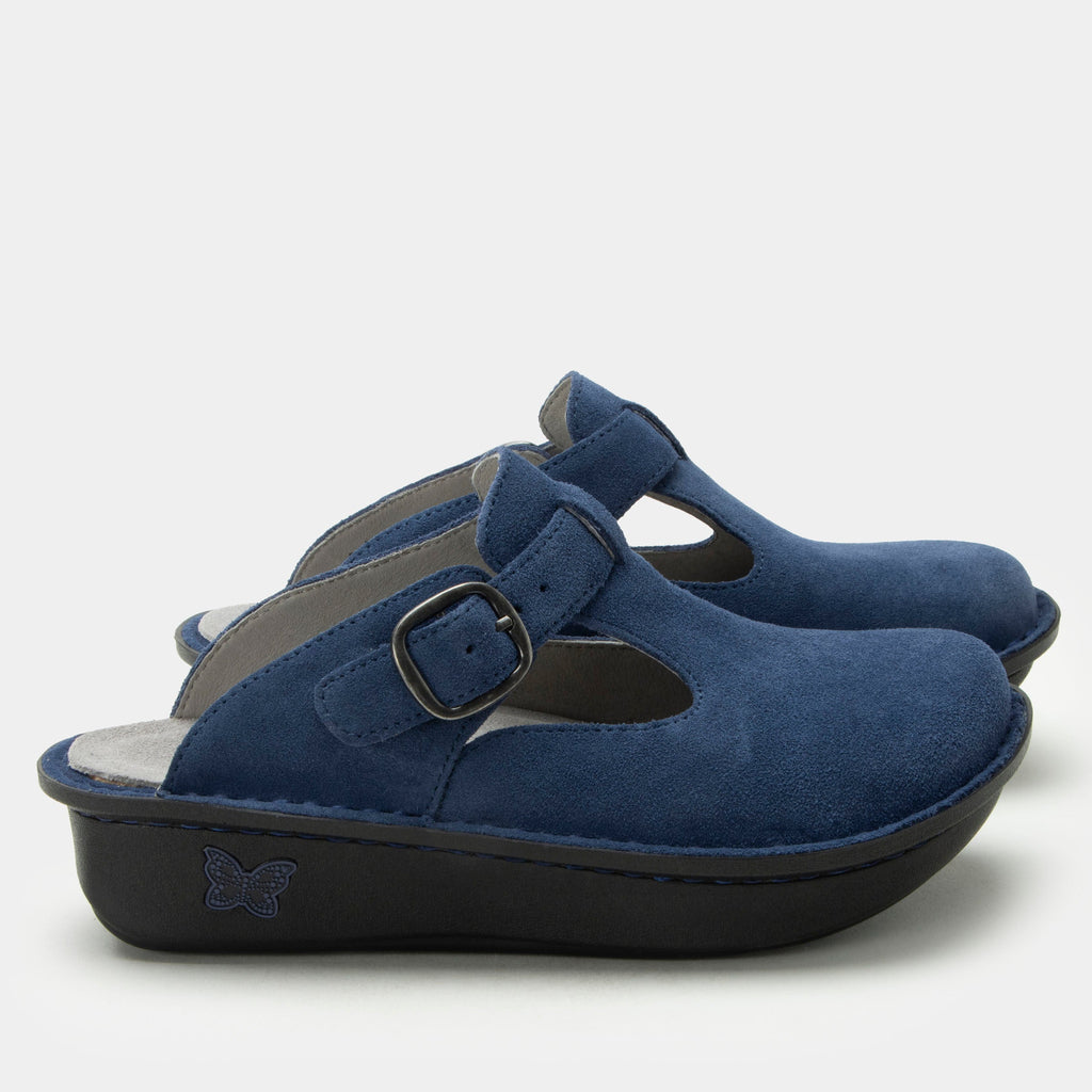 Classic Oceanic Suede open back clog on a classic rocker outsole | Clog with a Navy nubuck leather upper.