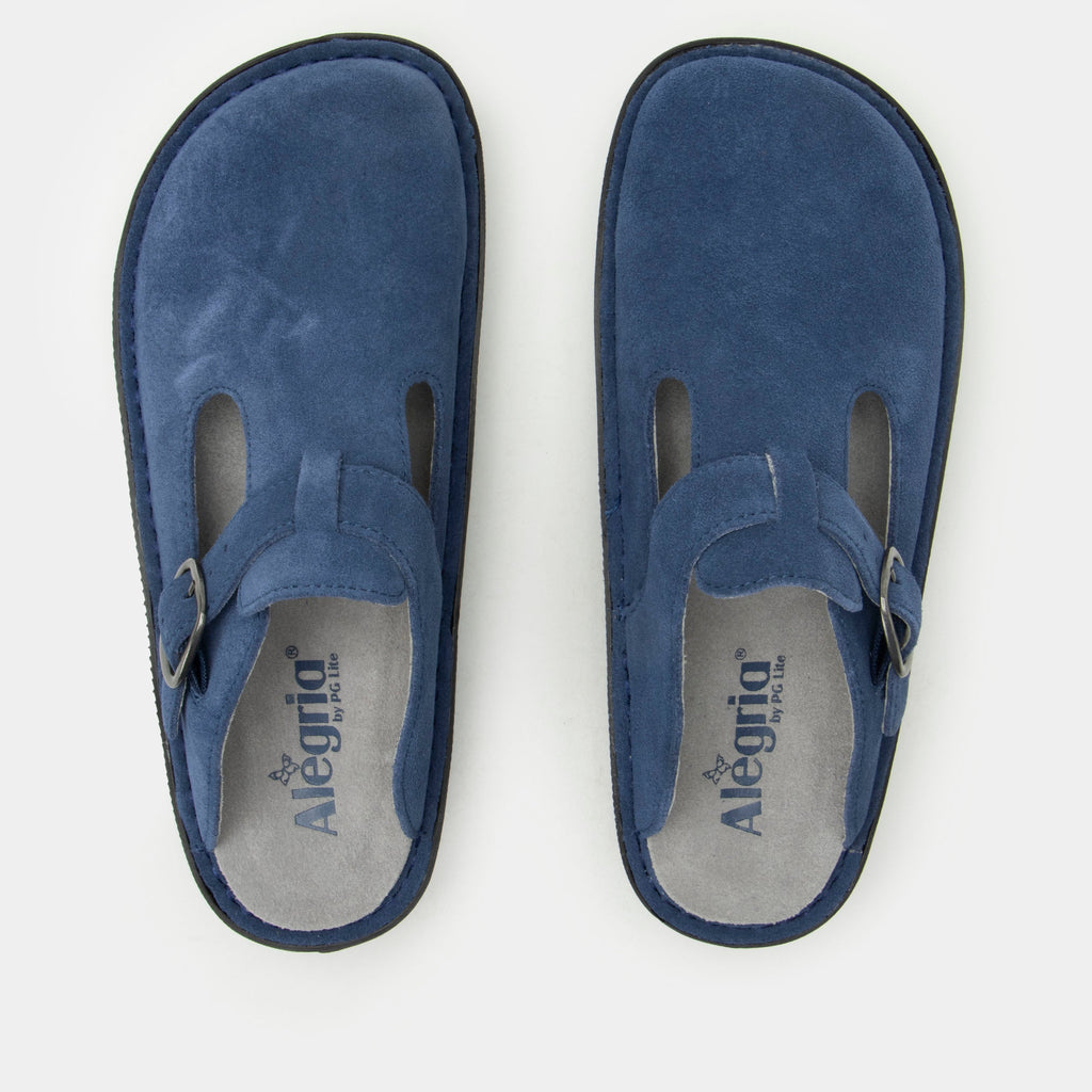 Classic Oceanic Suede open back clog on a classic rocker outsole | Clog with a Navy nubuck leather upper.