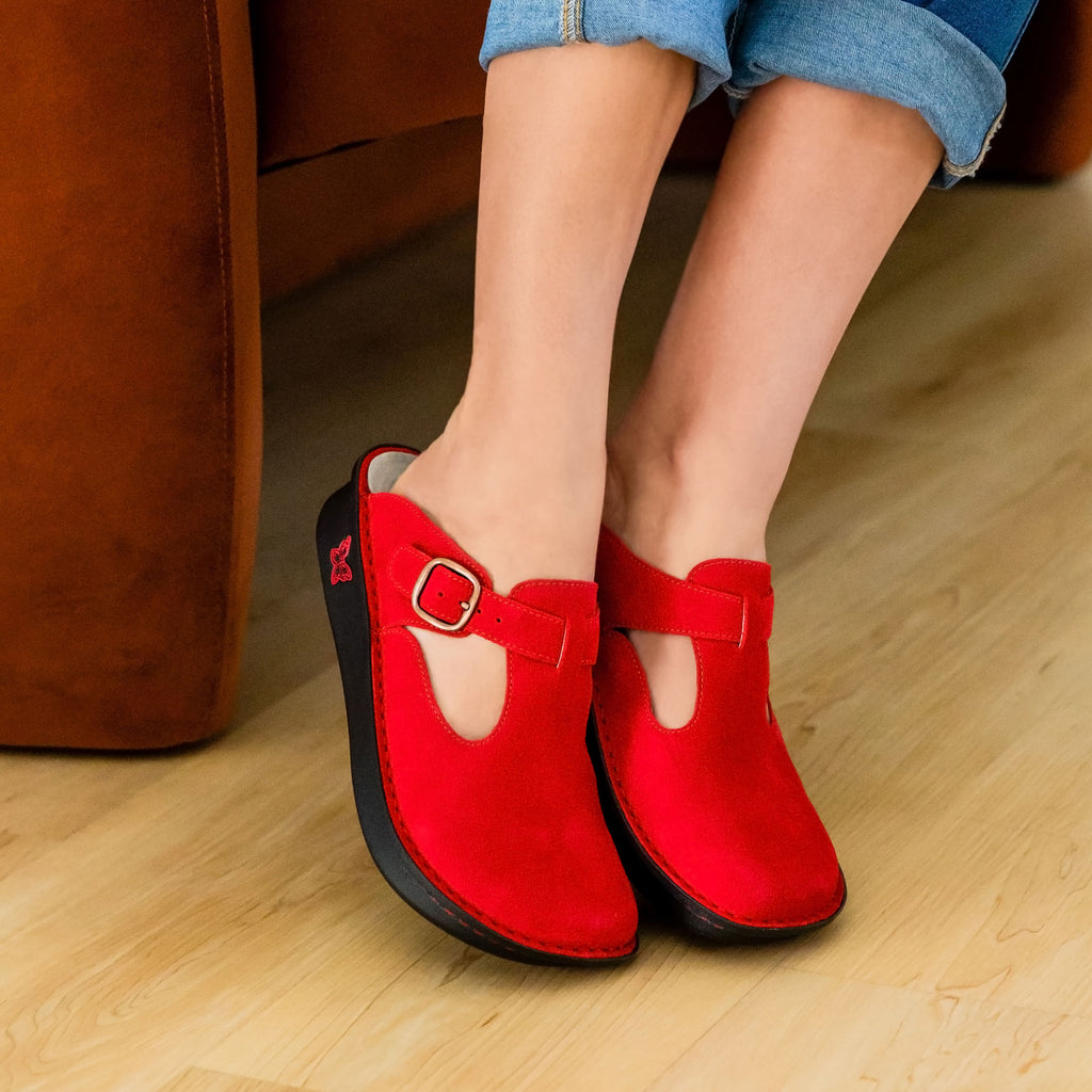 Classic She's A Firecracker Suede open back clog on a classic rocker outsole | Clog with a Red nubuck leather upper.