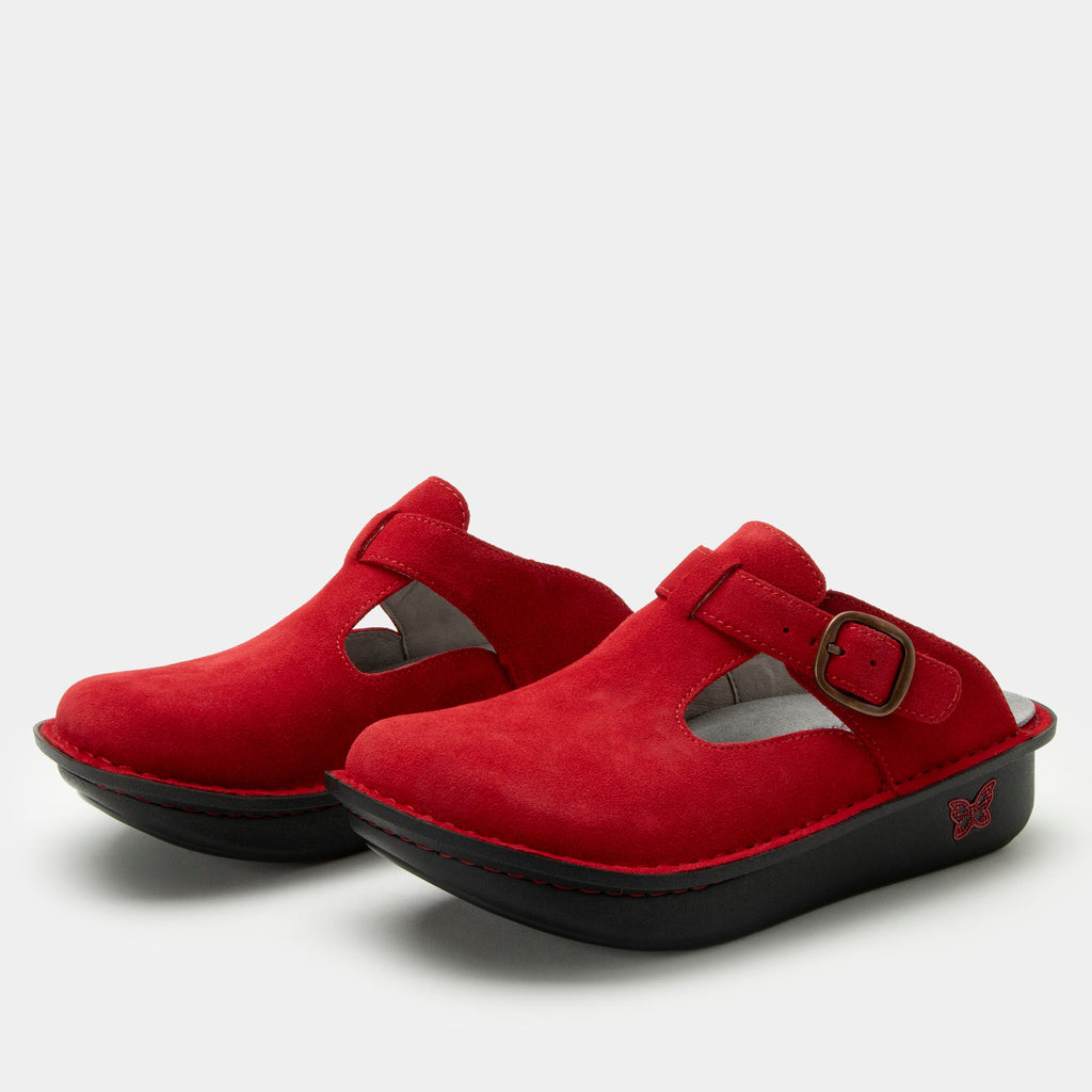 Classic She's A Firecracker Suede open back clog on a classic rocker outsole | Clog with a Red nubuck leather upper.