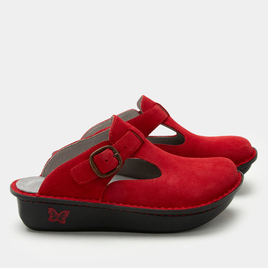 Classic She's A Firecracker Suede open back clog on a classic rocker outsole | Clog with a Red nubuck leather upper.