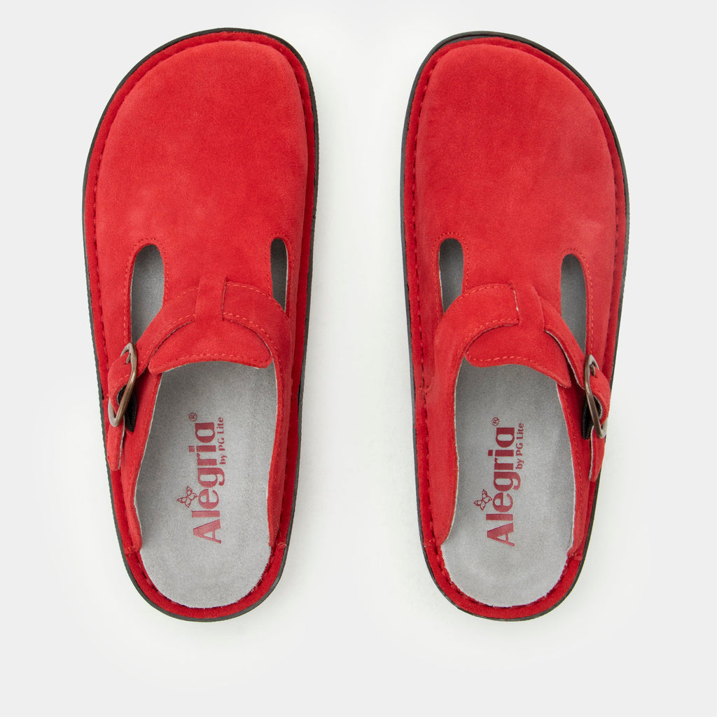 Classic She's A Firecracker Suede open back clog on a classic rocker outsole | Clog with a Red nubuck leather upper.