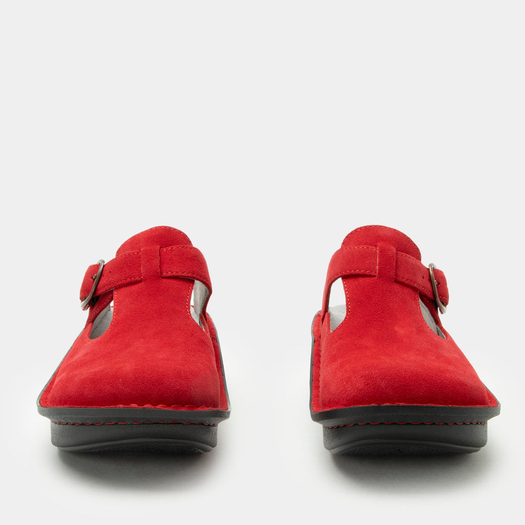 Classic She's A Firecracker Suede open back clog on a classic rocker outsole | Clog with a Red nubuck leather upper.