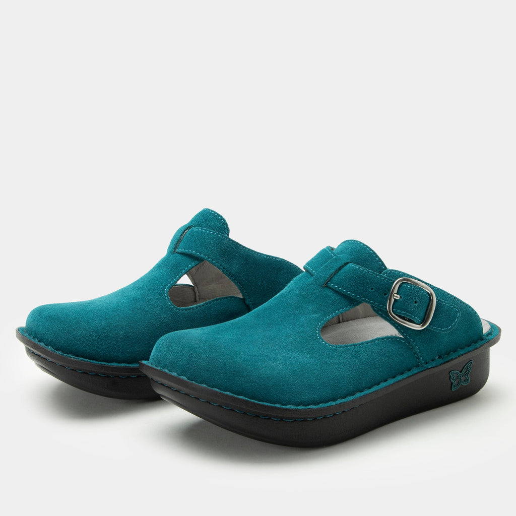 Classic Unteal Now open back clog on a classic rocker outsole |Clog with a Teal nubuck leather upper.